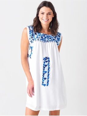 White Embroidered Sleeveless Shift Dress - Blue Floral Detail